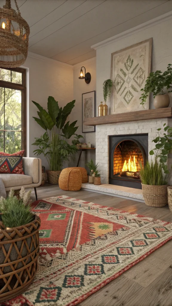 A cozy living room featuring layered throw rugs, plants, and a fireplace.