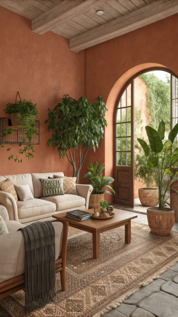 Living room with warm terracotta walls, cozy furniture, and greenery.