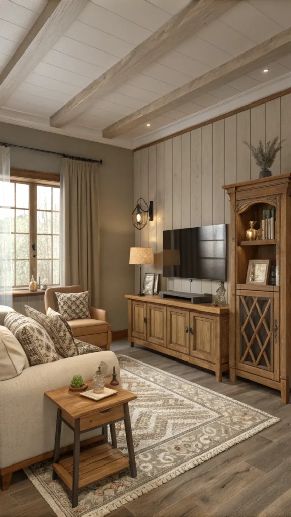 A cozy living room with muted colors, featuring a comfortable couch and wooden furniture.