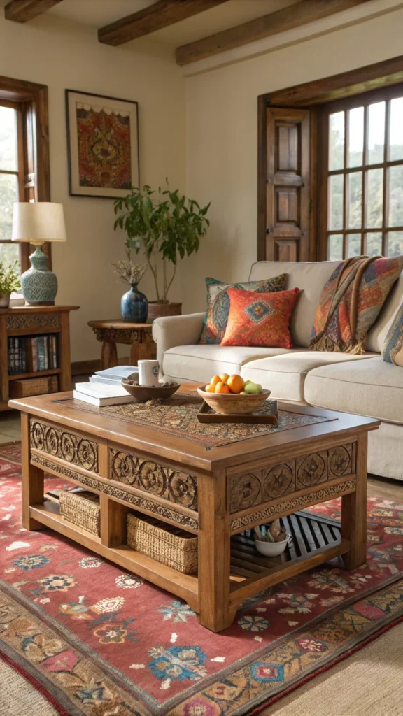 A cozy living room with handcrafted artisan furniture, featuring a wooden coffee table, comfortable sofa, and vibrant decor.