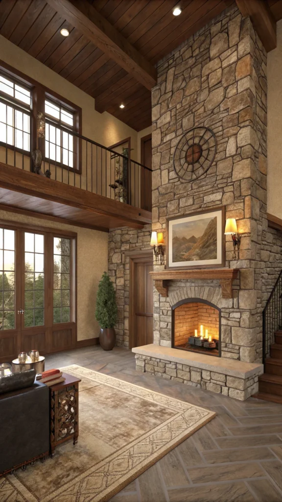 Living room with stone and brick features, including a fireplace and warm color tones