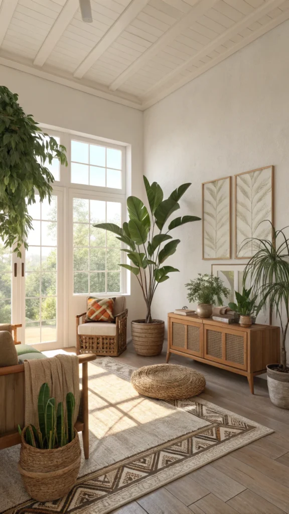 A bright living room filled with 2 plant, natural light, and earthy decor.