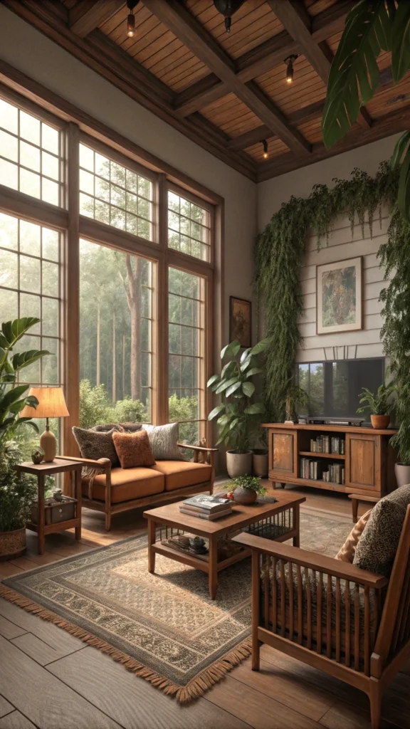 A cozy living room featuring earthy tones, plants, and natural materials.