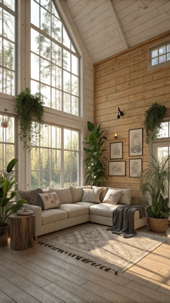 A bright living room featuring large windows, a cozy sectional sofa, and natural decor elements.