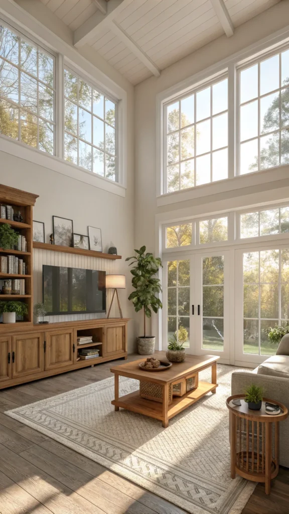 Bright and airy living room with large windows and wooden accents.