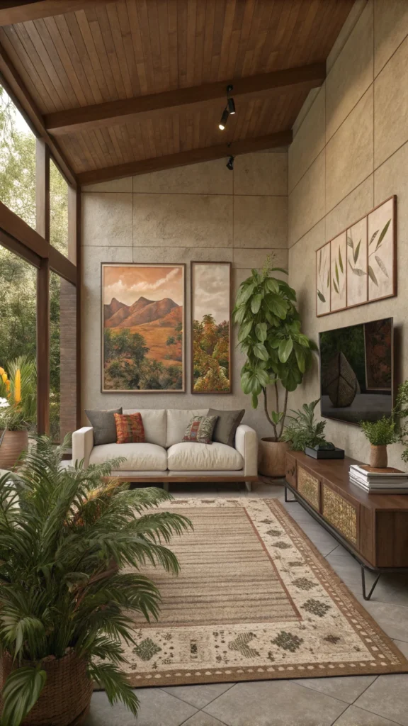 A cozy living room featuring earthy artwork on the walls, with a comfortable sofa and plants.