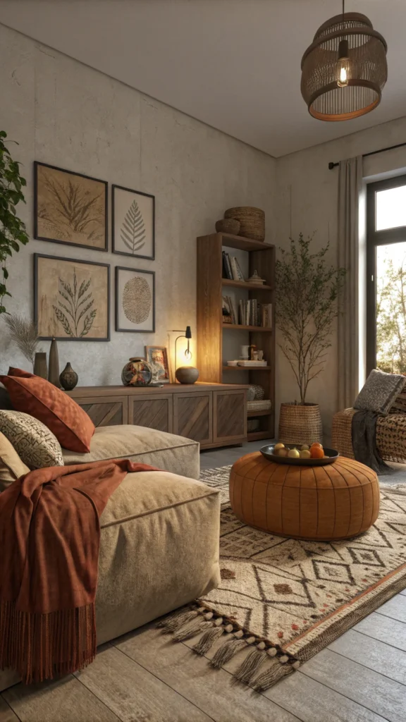 A cozy living room featuring earthy colored cushions and textiles.