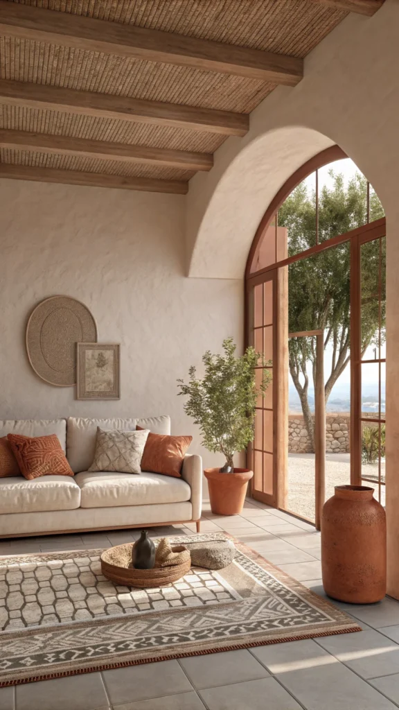 A minimalist living room with terracotta accents, featuring a cozy sofa