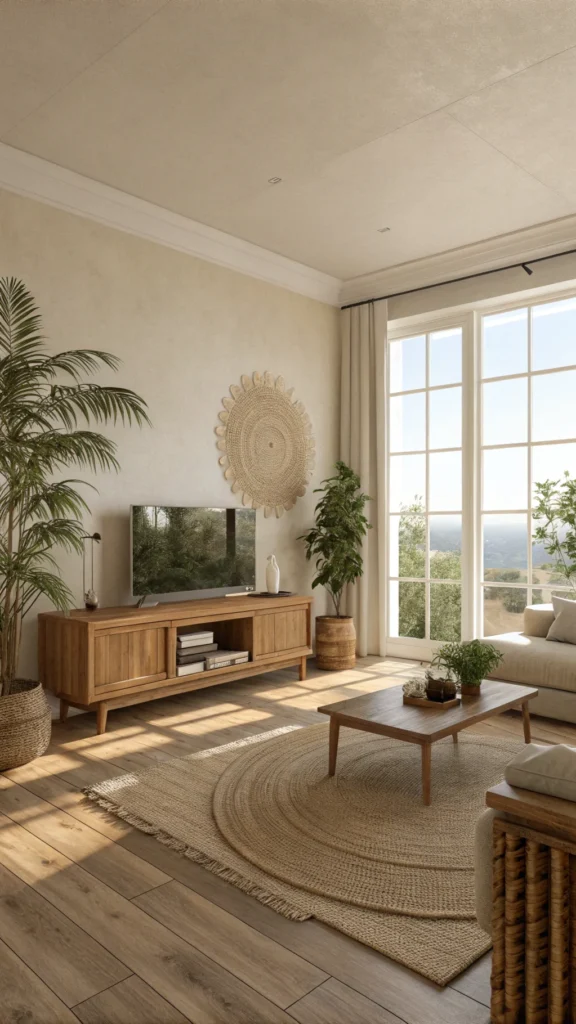 A minimalist living room with sandy beige tones, wooden furniture, and natural decor.