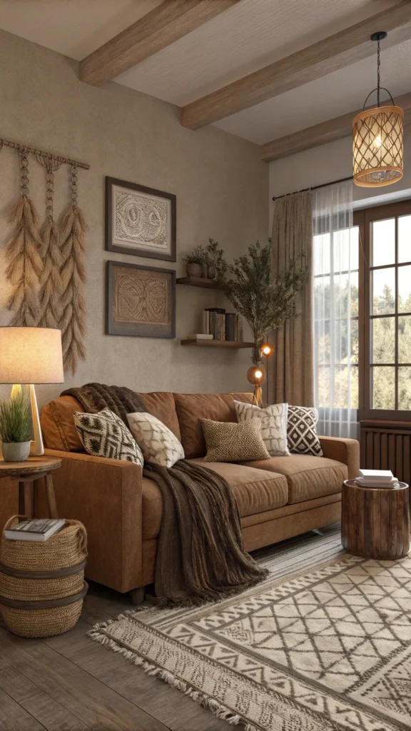 A cozy living room featuring earthy brown tones with textured fabrics, including a comfortable couch and decorative pillows.