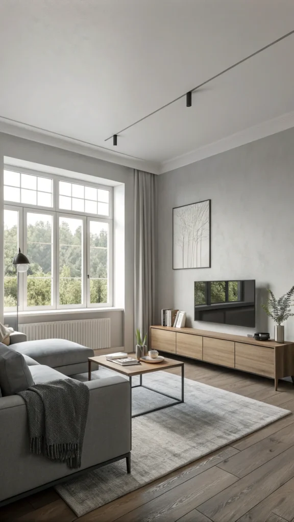 Minimalist living room with grey furniture and soft natural light