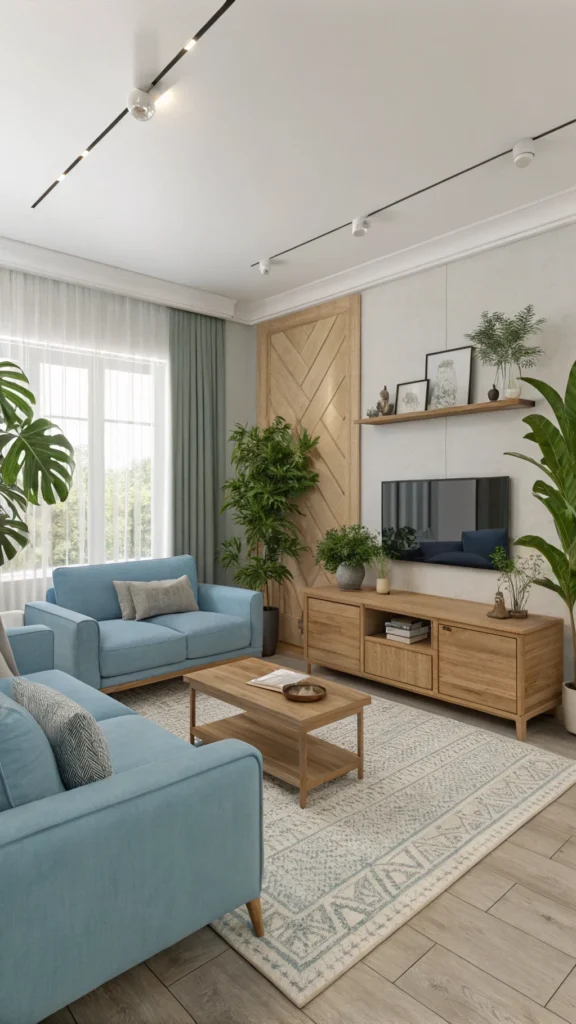 A minimalist living room featuring soft blue furniture, natural wood accents, and green plants.