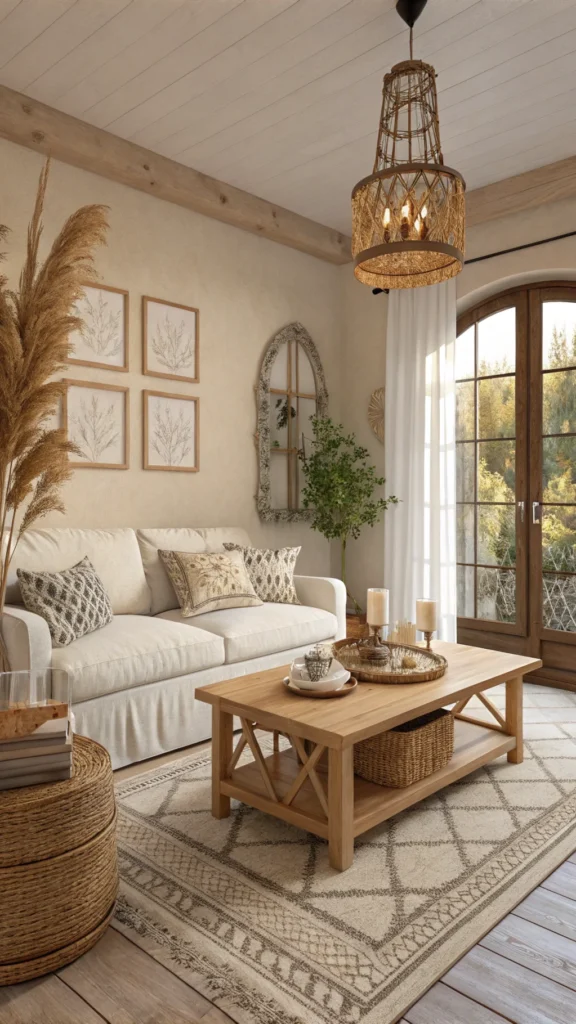 A cozy living room with warm neutral tones and soft white accents, featuring a light sofa, wooden coffee table, and natural decor.