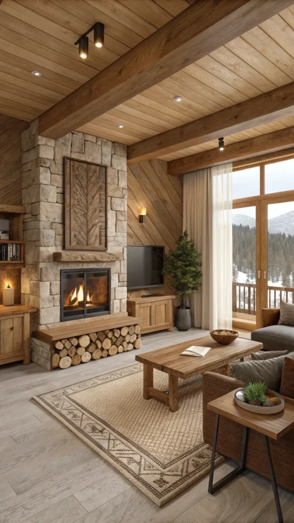 Cozy living room featuring natural wood accents, a fireplace, and earth tone decor