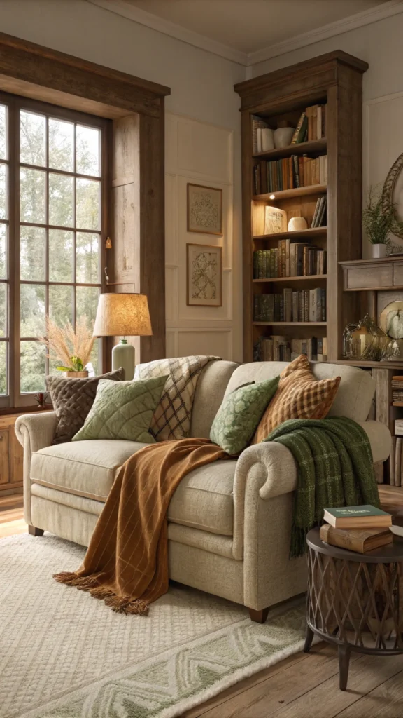 Cozy living room with layered throws and pillows in earth tones.