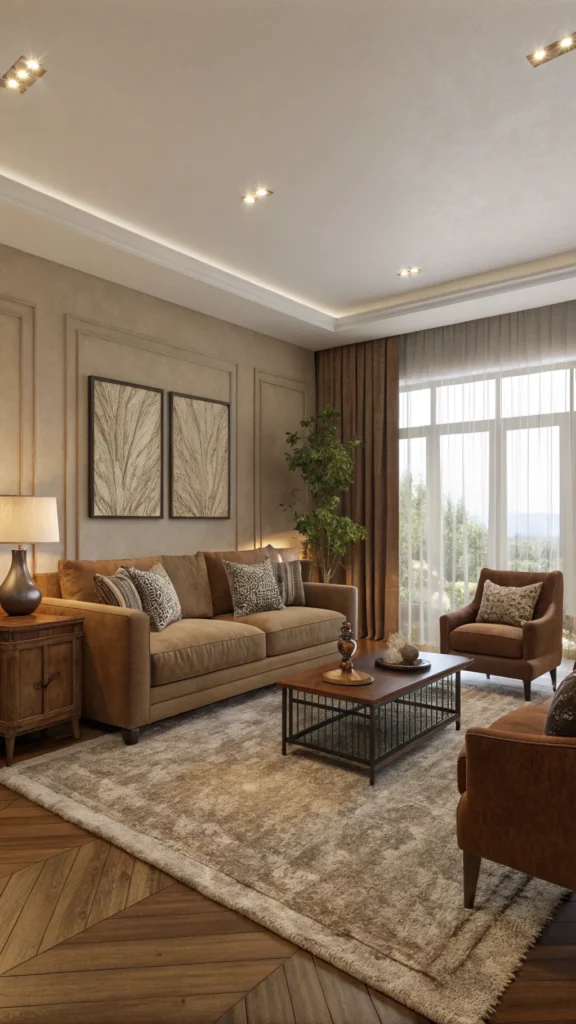 Cozy living room featuring earth-toned furniture and a plush rug