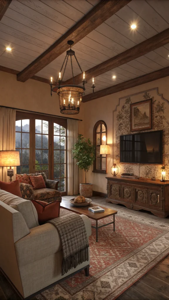 A cozy living room with soft lighting fixtures, featuring warm tones and a comfortable seating area.