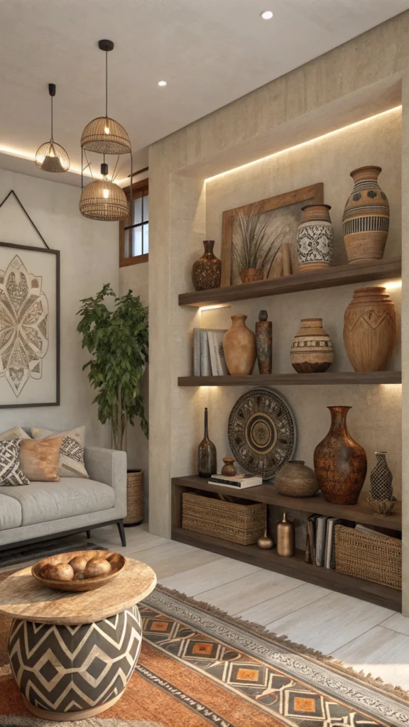 A cozy living room decor featuring artisan-made pottery on shelves, showcasing various earthy tones and textures.