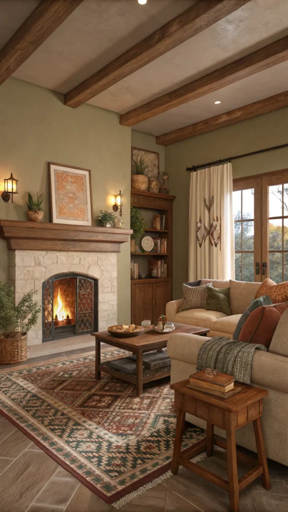 A cozy living room with a fireplace, earthy decor, and warm colors.