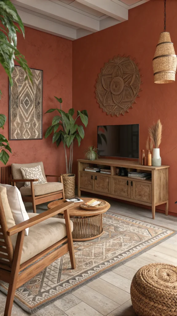 Cozy living room with an accent wall in deep terracotta color, showcasing earthy tones and natural decor.