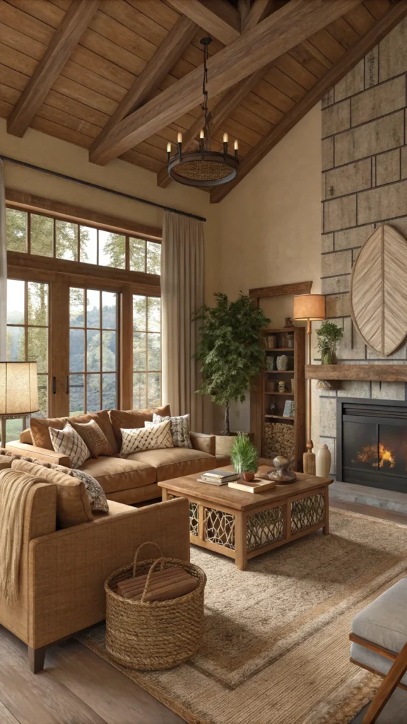 Cozy living room with earth tone seating and decor