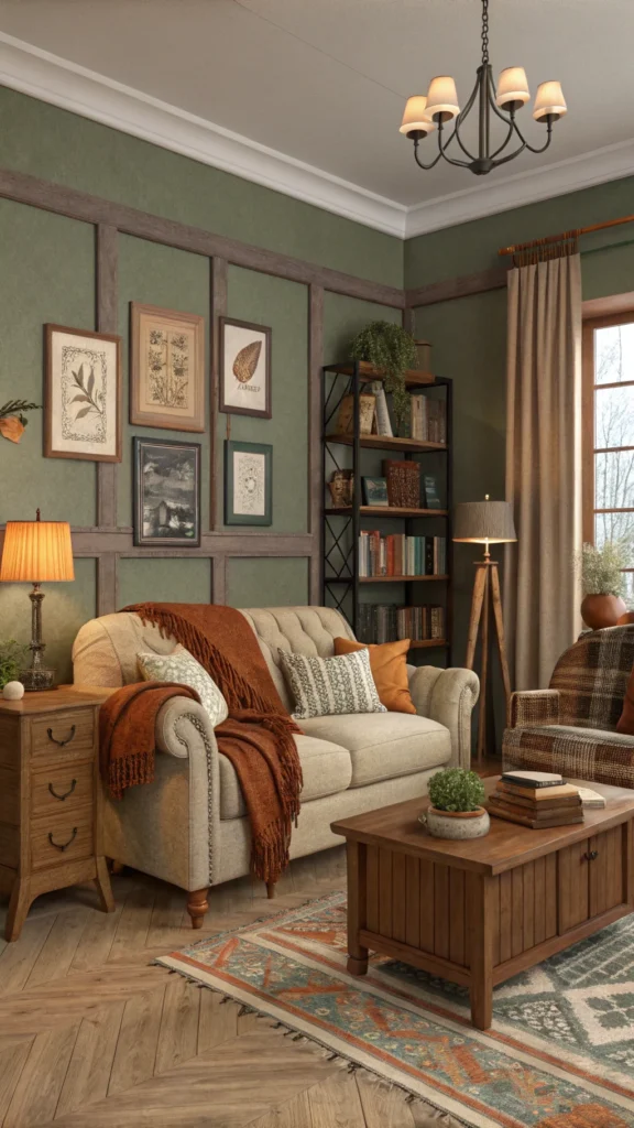 A cozy living room featuring vintage decor and earth tones.