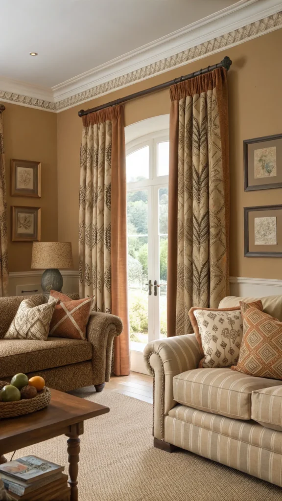 Cozy living room with earth tones, featuring patterned pillows and curtains