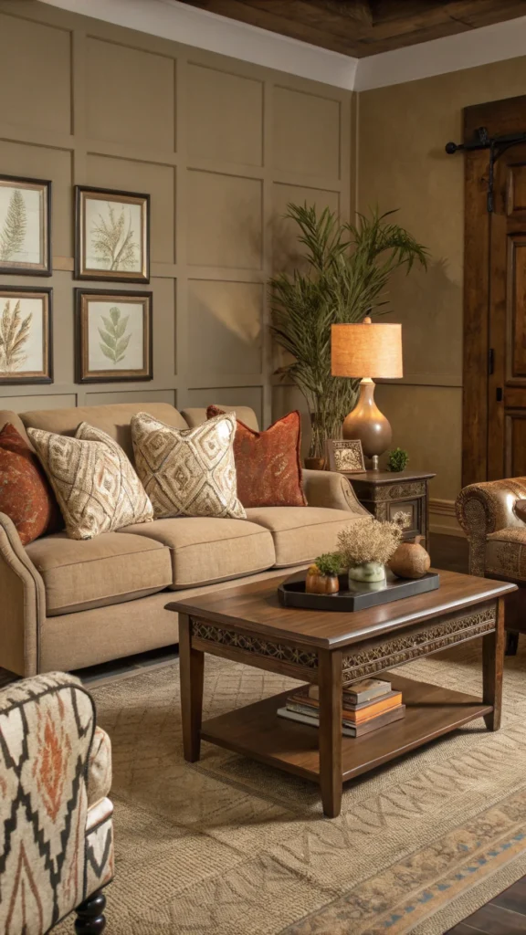 Cozy living room with earth tones, featuring a comfortable sofa, decorative pillows, and a stylish coffee table.