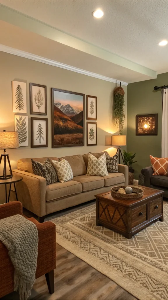 Cozy living room with earth tone decor and personalized wall art.