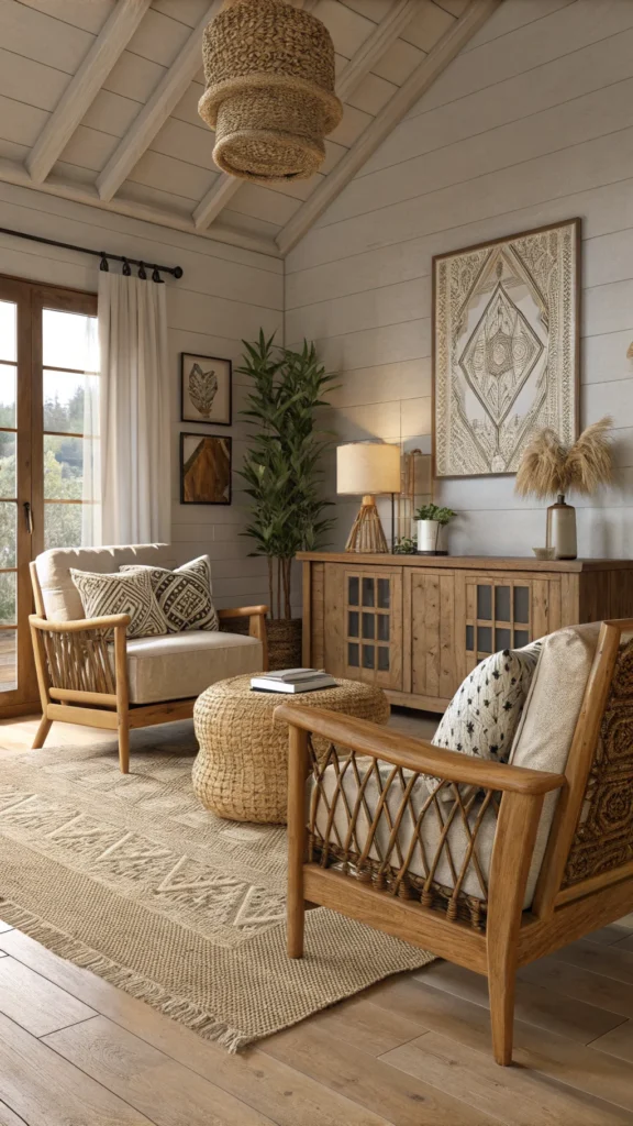 A cozy living room featuring natural materials like wood and woven textiles.