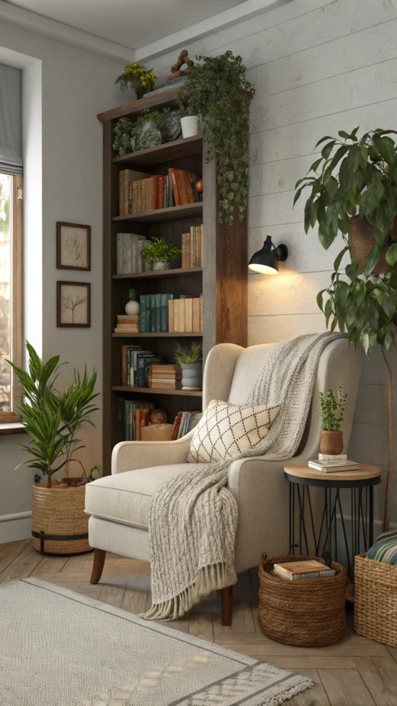 A cozy living room corner featuring a comfortable chair, bookshelves, and plants, creating a warm and inviting atmosphere.