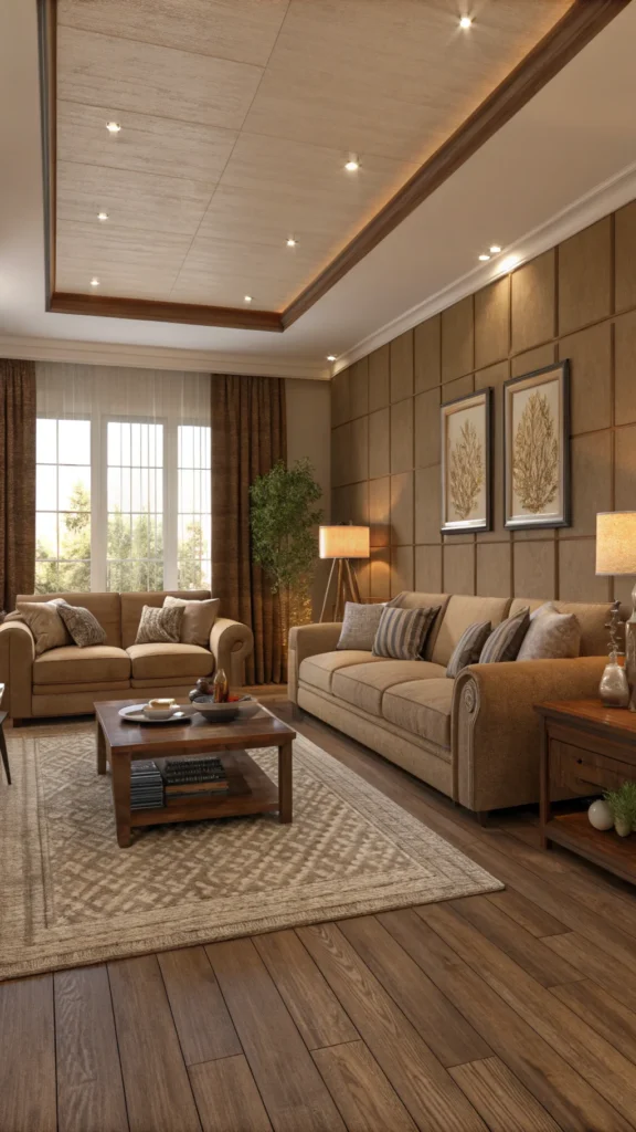 Cozy living room with earth tones, including two sofas facing each other, a coffee table, and warm wooden flooring.