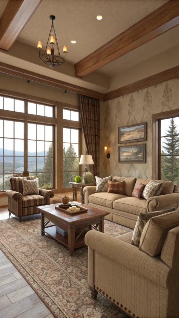 A spacious living room with earth tones, featuring comfortable seating and a cozy layout.