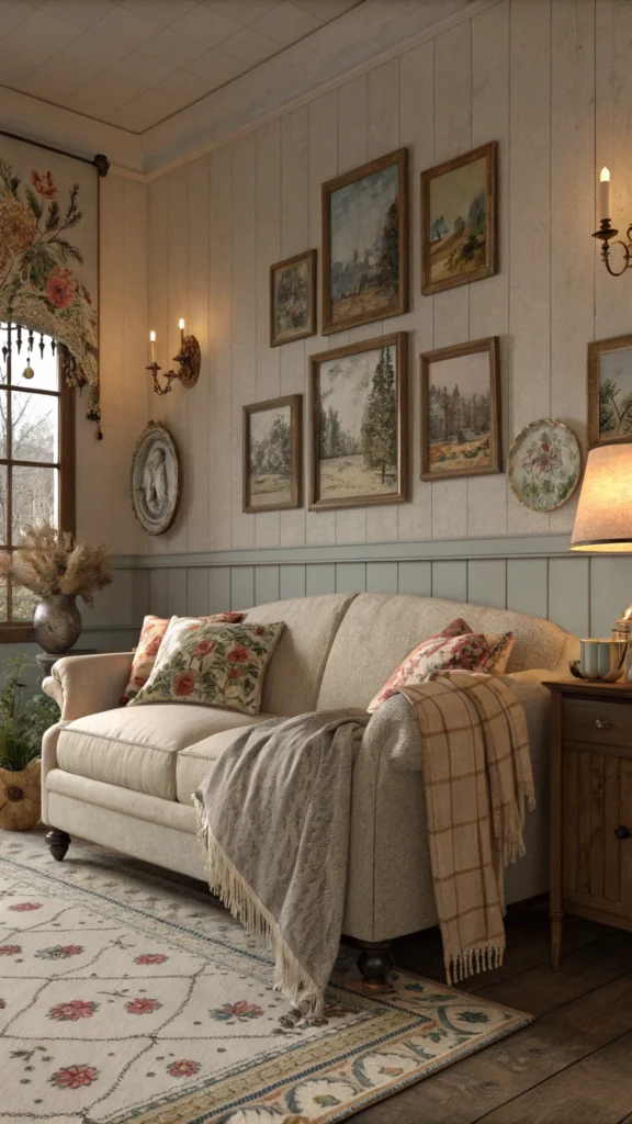 Cozy living room with vintage decor including paintings, pottery, and a comfortable sofa.