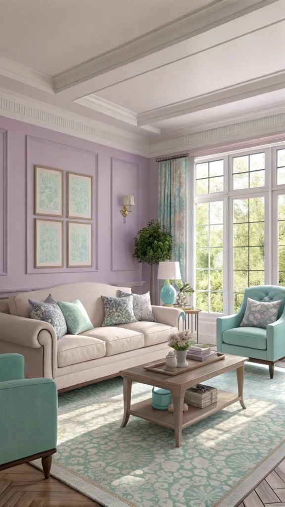 Cozy living room featuring soft pastel colors and comfortable furniture.