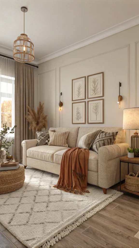 Cozy living room with neutral colors and textured layers.