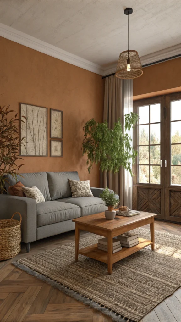 Cozy living room with warm earth tones, featuring a grey sofa, wooden coffee table, and plants.