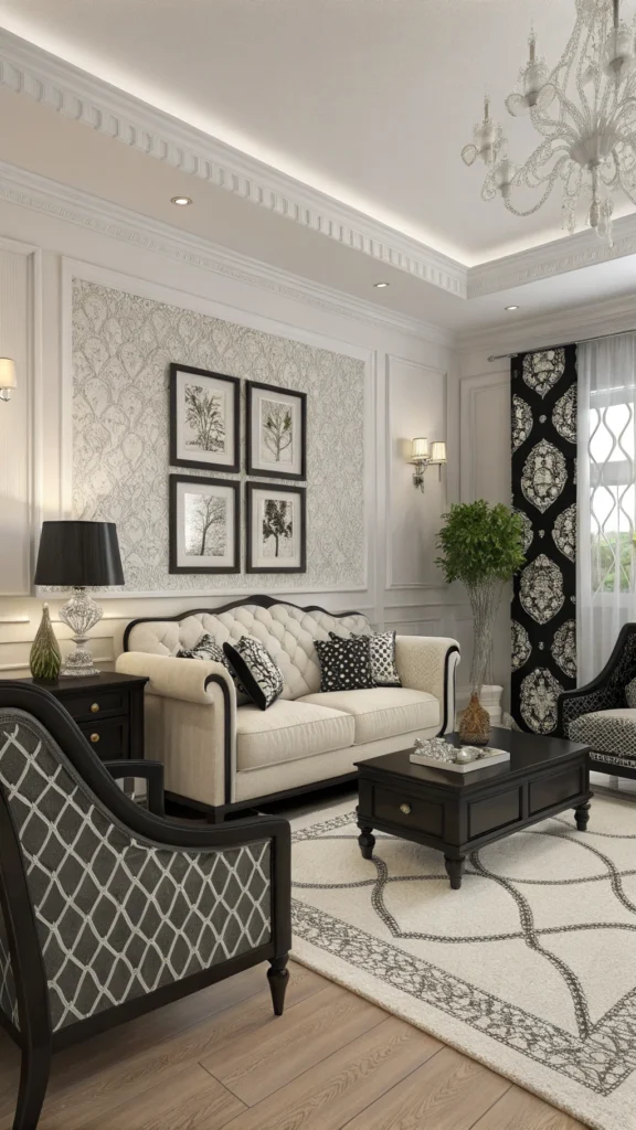 Cozy black and white living room with elegant decor and furniture.