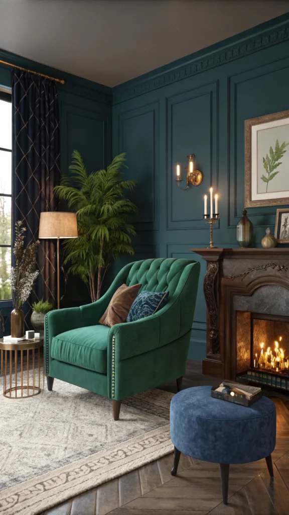 A cozy living room featuring bold jewel tones, including emerald green and deep sapphire, complemented by warm lighting.