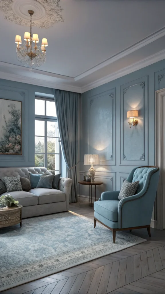 A serene living room featuring cool blue and gray tones, with cozy furnishings and a calming atmosphere.