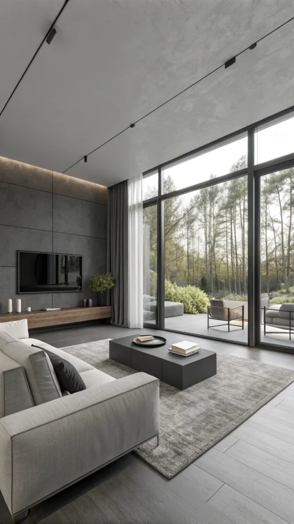 A modern minimalist living room featuring a monochromatic color scheme with shades of gray, sleek furniture, and large windows.