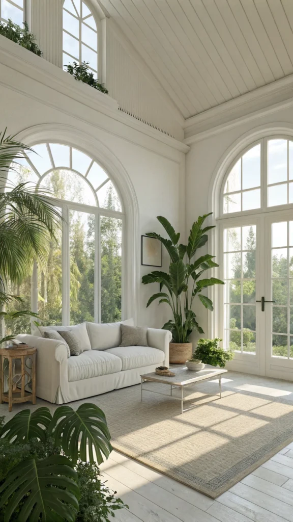 A bright and airy living room with white walls and furniture, featuring large windows and plants.