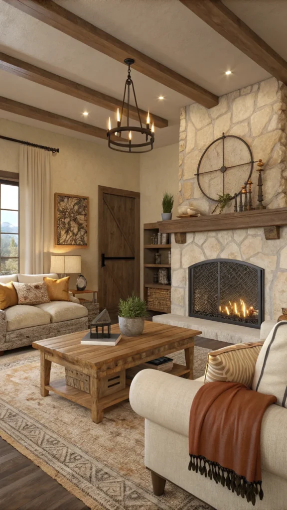 A cozy living room featuring warm neutral colors and rustic accents.