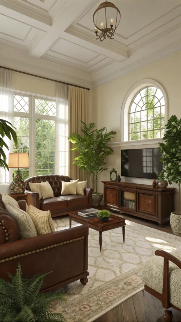 Cozy living room with rich brown furniture and cream accents, featuring natural light and plants.