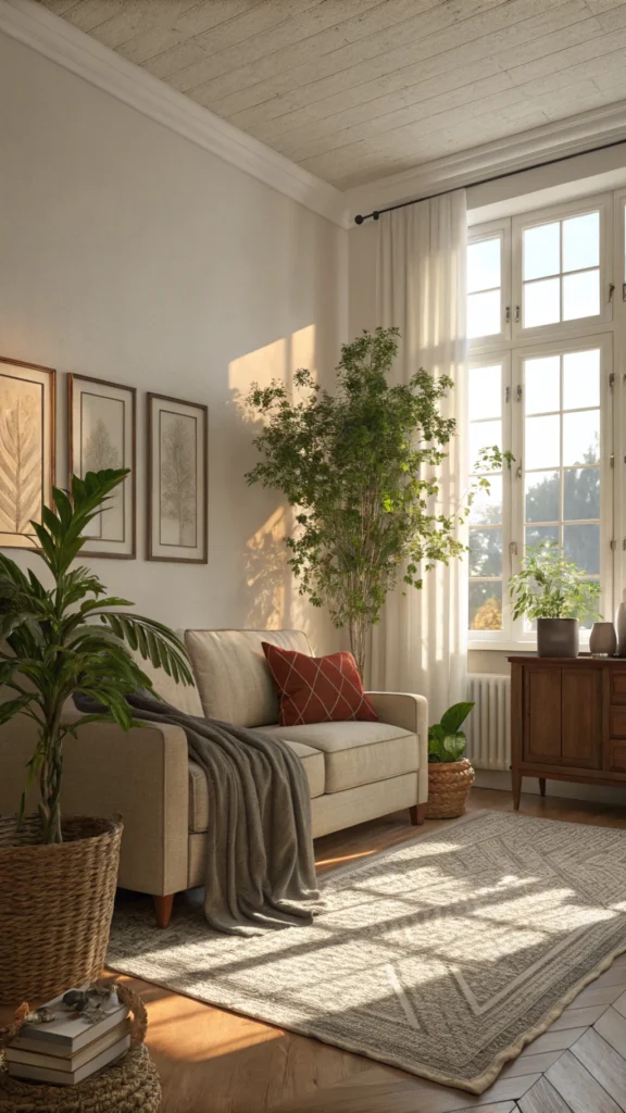 A cozy living room with soft green 1 plant and natural light.