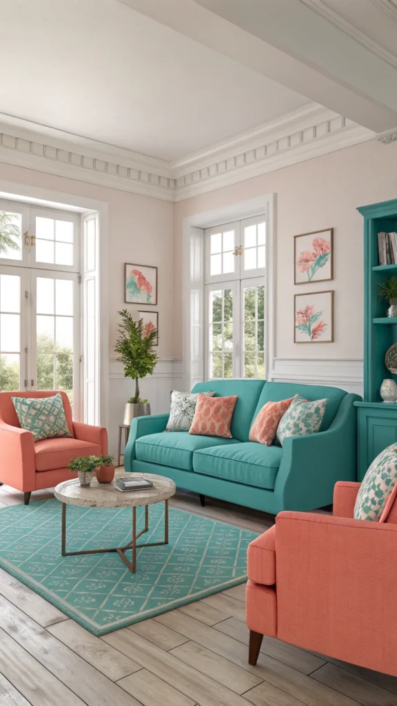 A vibrant living room featuring teal furniture and coral accents.