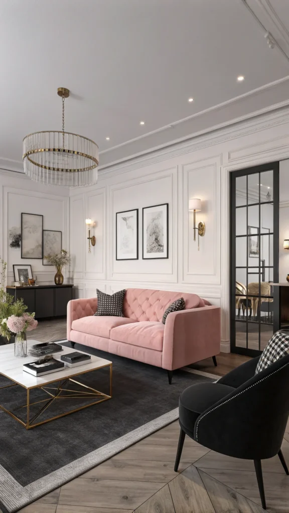 A chic living room featuring black and blush color scheme with stylish furniture.