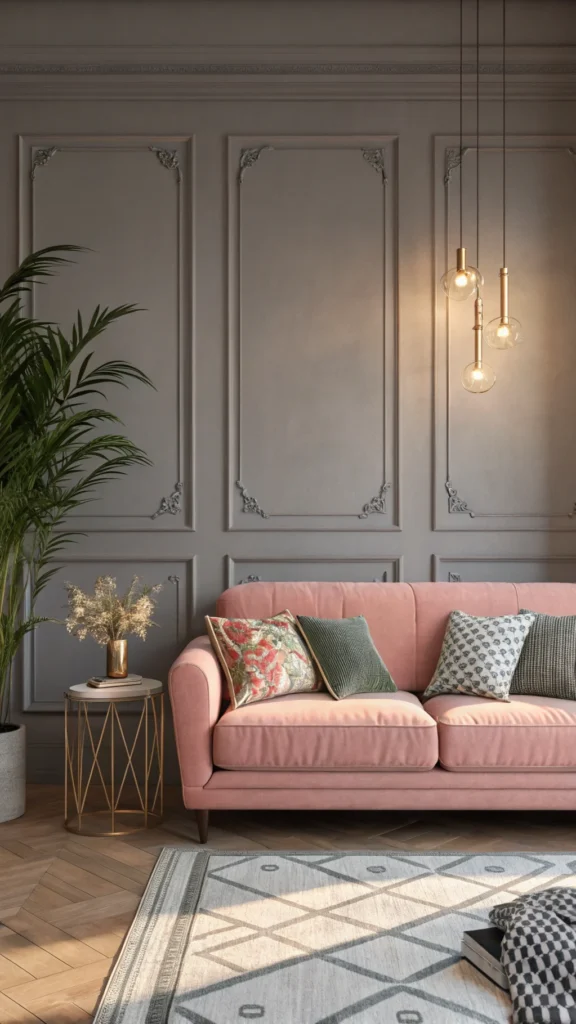 A living room featuring a soft grey wall and a blush couch with decorative pillows.