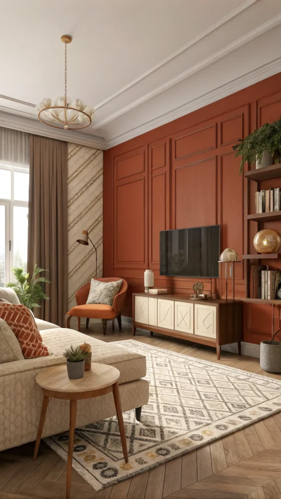 Living room featuring rust and cream color combination with cozy furniture and decor.