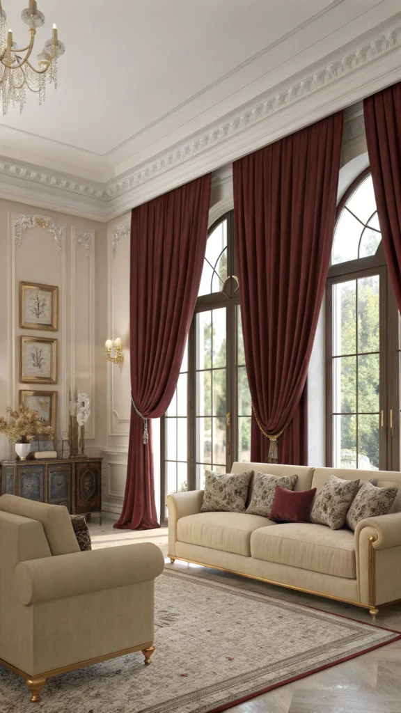 Living room featuring maroon curtains and beige sofas